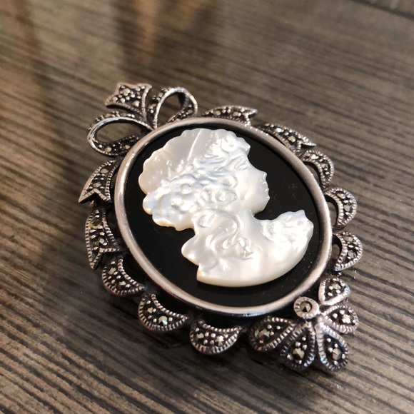 Vintage Sterling Silver, Marcasite, Onyx, & Mother of Pearl Cameo - Picture 2 of 16